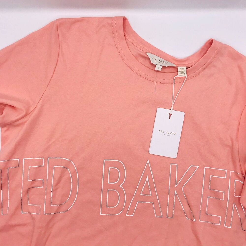 Ted Baker Malom Branded Foil Cotton T-Shirt Dusky Pink Womens Choose Size 3 or 4